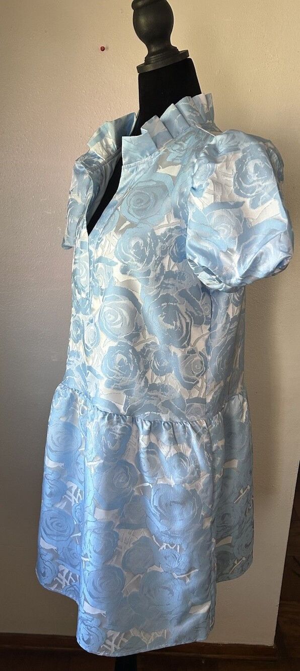 SSYS the label Palmer Puff Sleeve Drop Waist Brocade Dress In Blue Floral Large - Picture 3 of 10